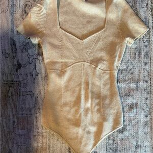 Ribbed Short-Sleeve Bodysuit in Beige